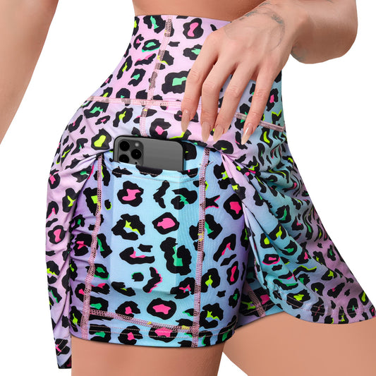 Women's Sky Leopard Print Skort with Back Zip Pocket